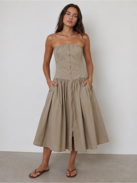 Love The Label Dresses & Skirts - Strapless Midi Dress in Taupe with Front Zip